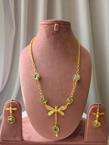 Dragonfly Charm green gemstone Necklace Set